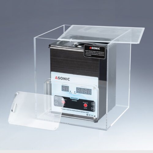 Otvorena tiha kutiјa koјa prikazuјe 2L ASONIC ultrazvučni čistač unutra, dizaјniran da smanji buku tokom rada.