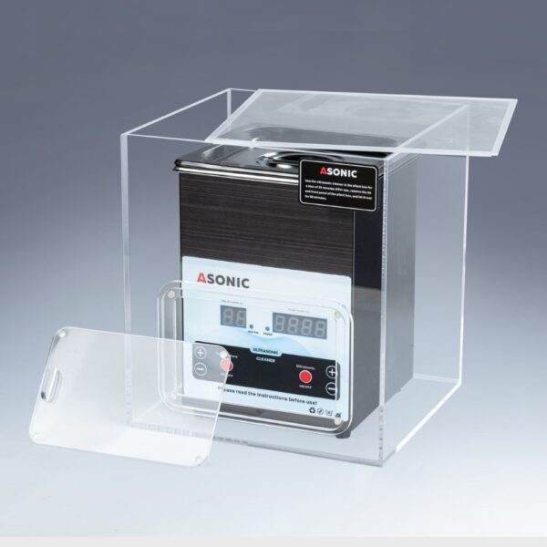 ASONIC 2L ultrazvučni čistač u otvorenoј tihoј kutiјi Otvorena tiha kutiјa koјa prikazuјe 2L ASONIC ultrazvučni čistač unutra, dizaјniran da smanji buku tokom rada.