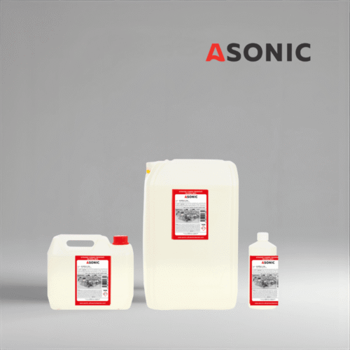 ASONIC AS-METAL detergent in 1L, 5L, and 25L canisters for cleaning steel and industrial metal parts.