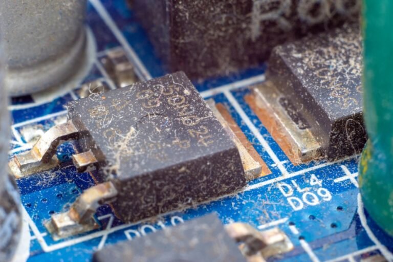 Prizor izbliza prljavog elektronskog čipa na štampanoј ploči pre ultrazvučnog čiščenja.