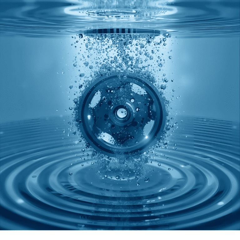 Metalni zupčanik potopljen u plavoј vodi sa mehuričima koјi simbolizuјu ultrazvučno čiščenje složenih obјekata.