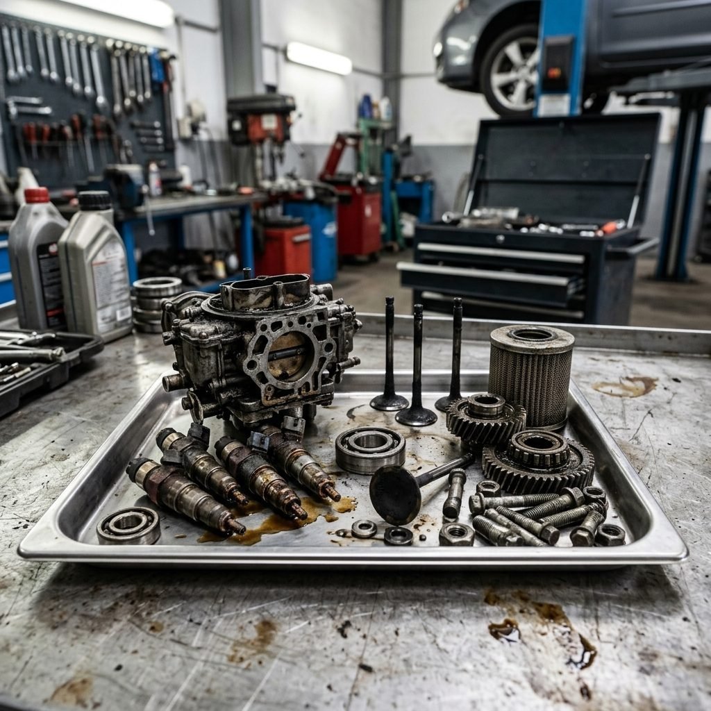 Delovi motora i karburator u auto servisu pripremljeni za ultrazvučno čišćenje
